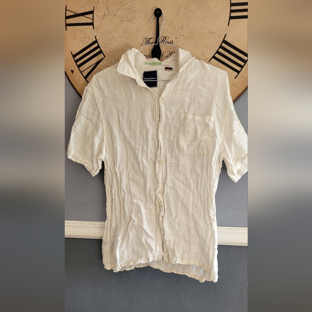 Tommy Bahama Shirt 100% Linen Short Sleeve Button Up Mens l